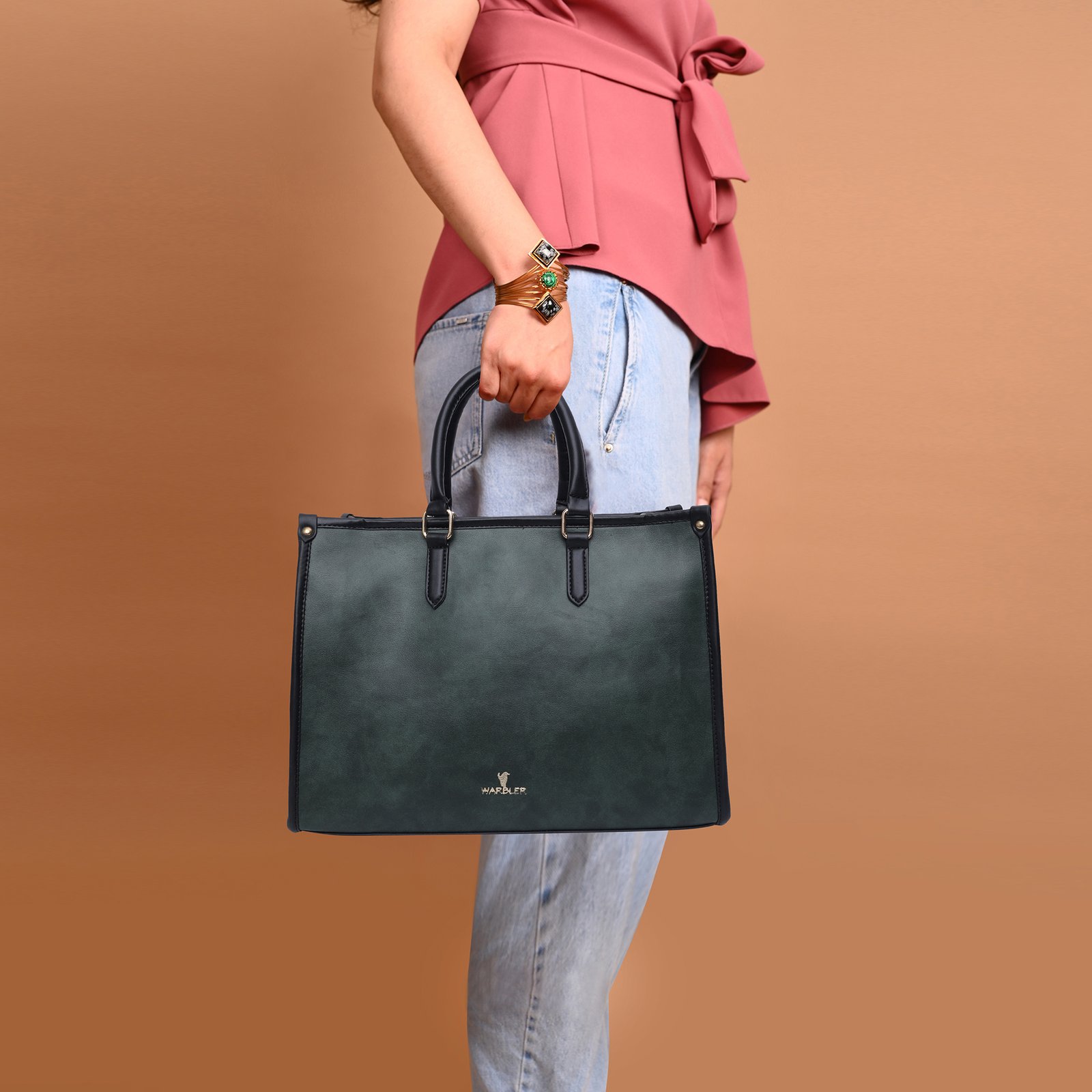 Warbler Laptop Tote Bag PU Laptop Bag 15 inch Work Shoulder Bags Casual Briefcase Handbag for Travel, Office, College (Green) - Image 6