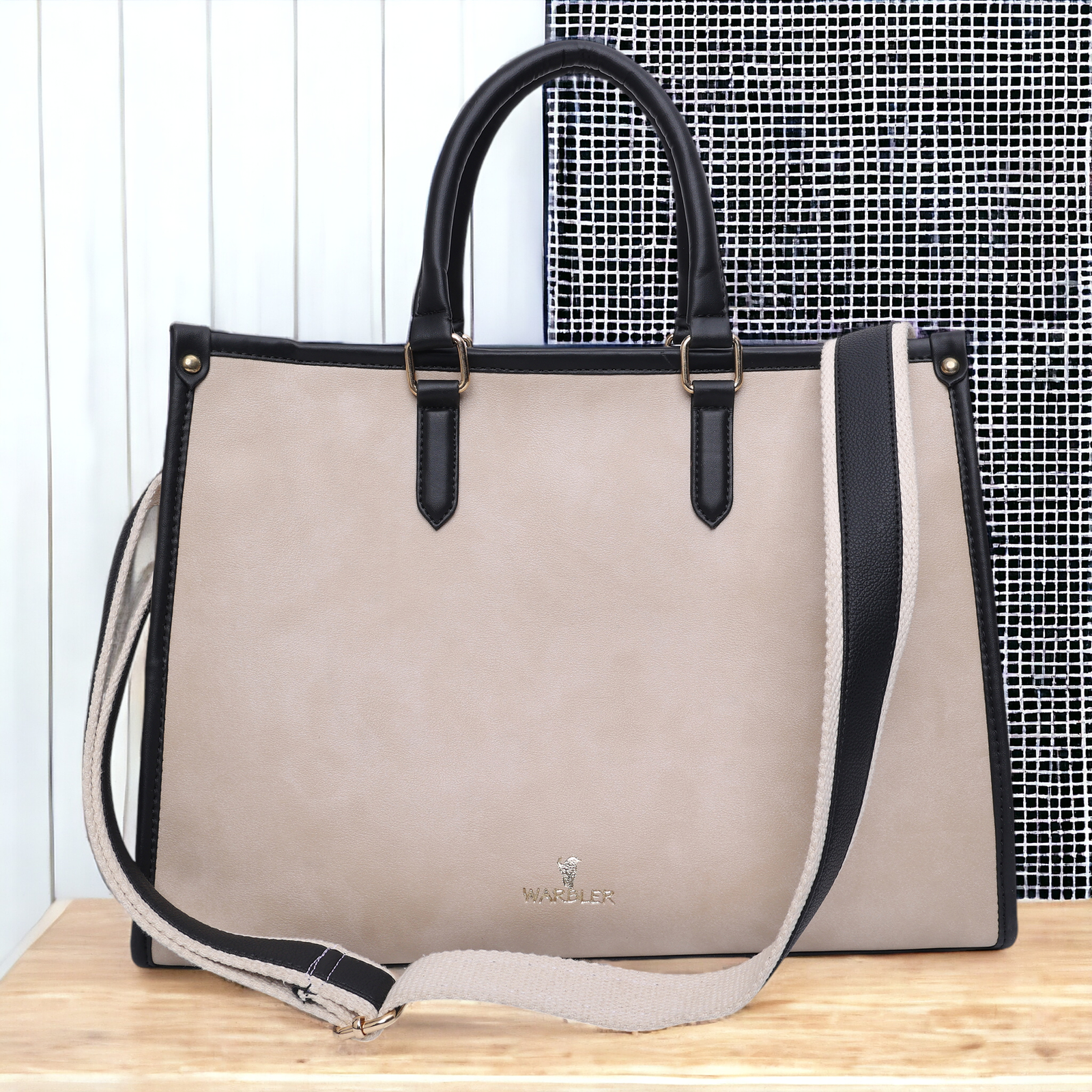 Warbler Laptop Tote Bag PU Laptop Bag 15 inch Work Shoulder Bags Casual Briefcase Handbag for Travel, Office, College (Beige)