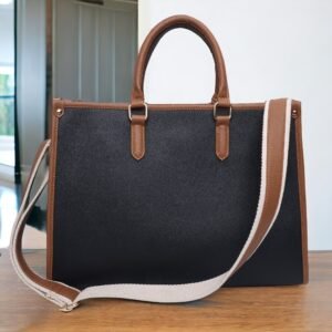 Warbler Laptop Tote Bag PU Laptop Bag 15 inch Work Shoulder Bags Casual Briefcase Handbag for Travel, Office, College (Black Tan)