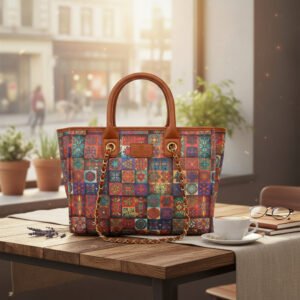 WARBLER Women's Tote Bag with Chain Strap, Brown Handles, Floral Printed Zip Tote Bag | Perfect for Office, College & Everyday Use